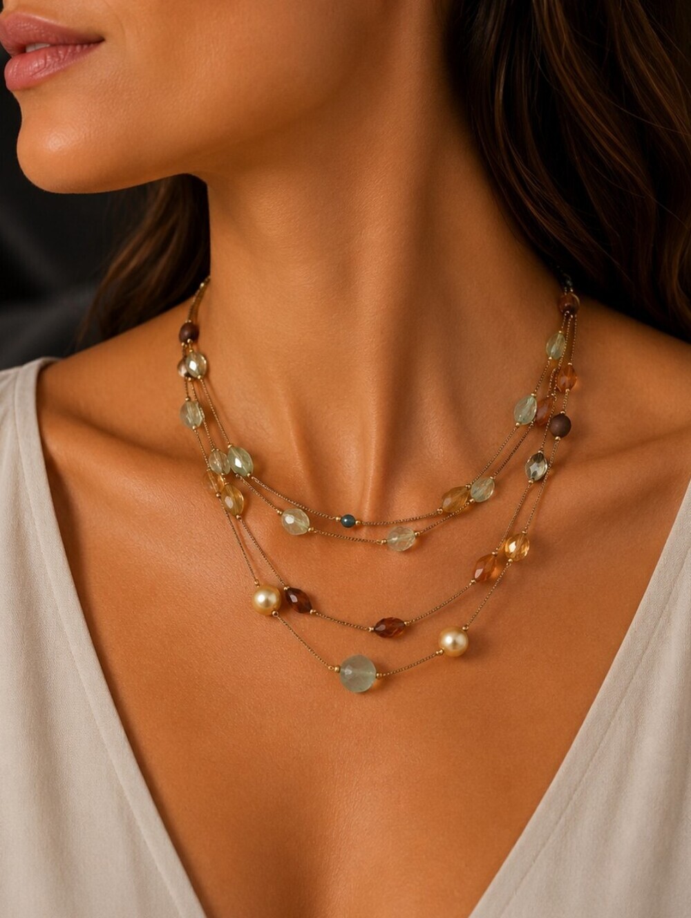 Twisted Chain Beaded Illusion Layered Station Torsade Necklace